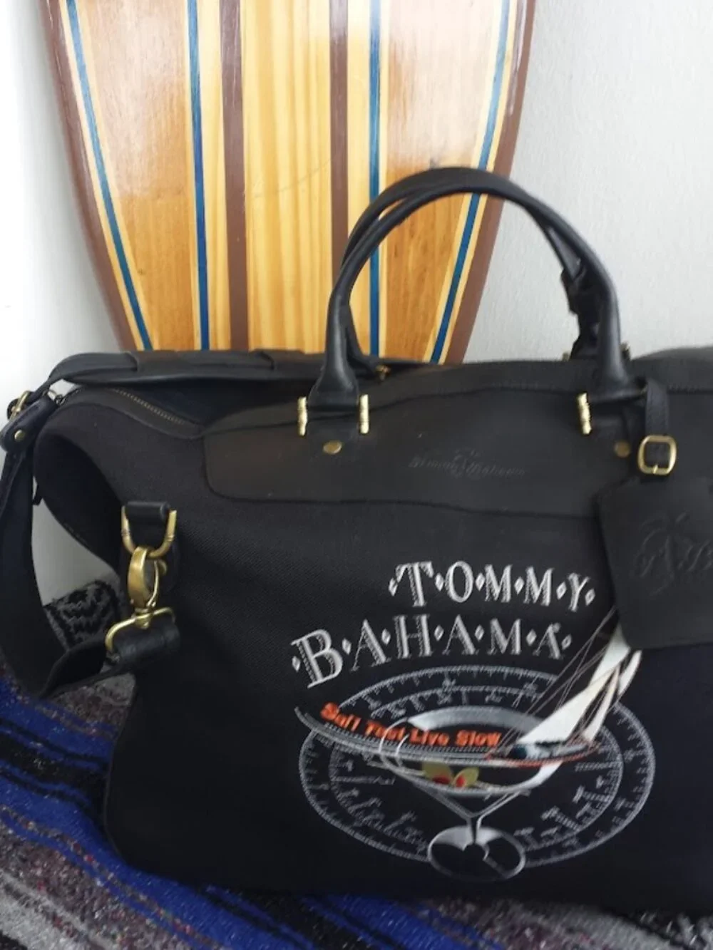 TOMMY BAHAMA Black Leather Canvas Travel Bag